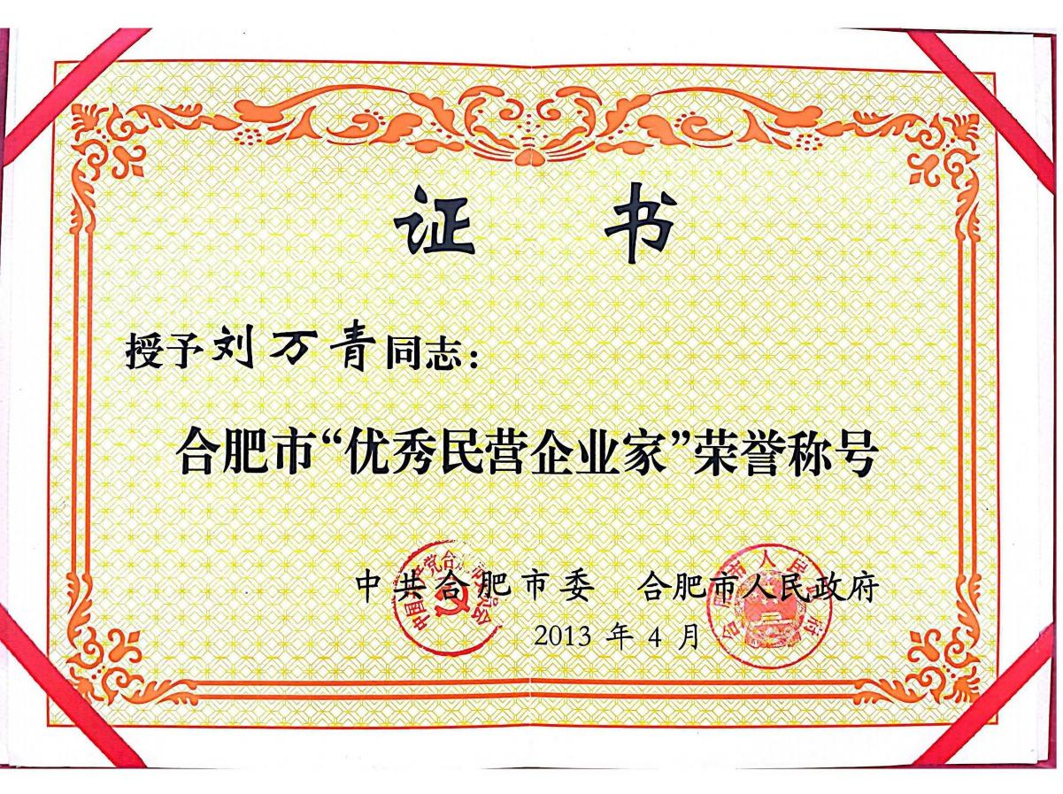董事長劉萬青被合肥市委、合肥市人民政府授予“合肥市優(yōu)秀民營企業(yè)家”榮譽(yù)稱號